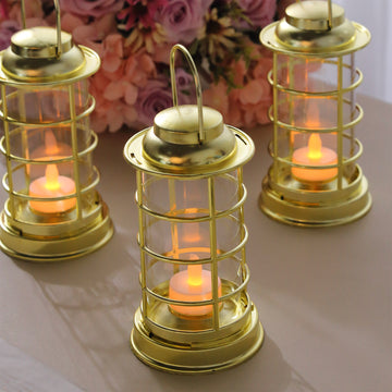 3 Pack Gold Mini LED Tealight Candle Lantern Lamps, Battery Operated Decorative Lanterns 7"