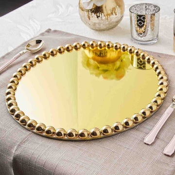 2 Pack Gold  Mirror Glass Charger Plates with Pearl Beaded Rim 13"