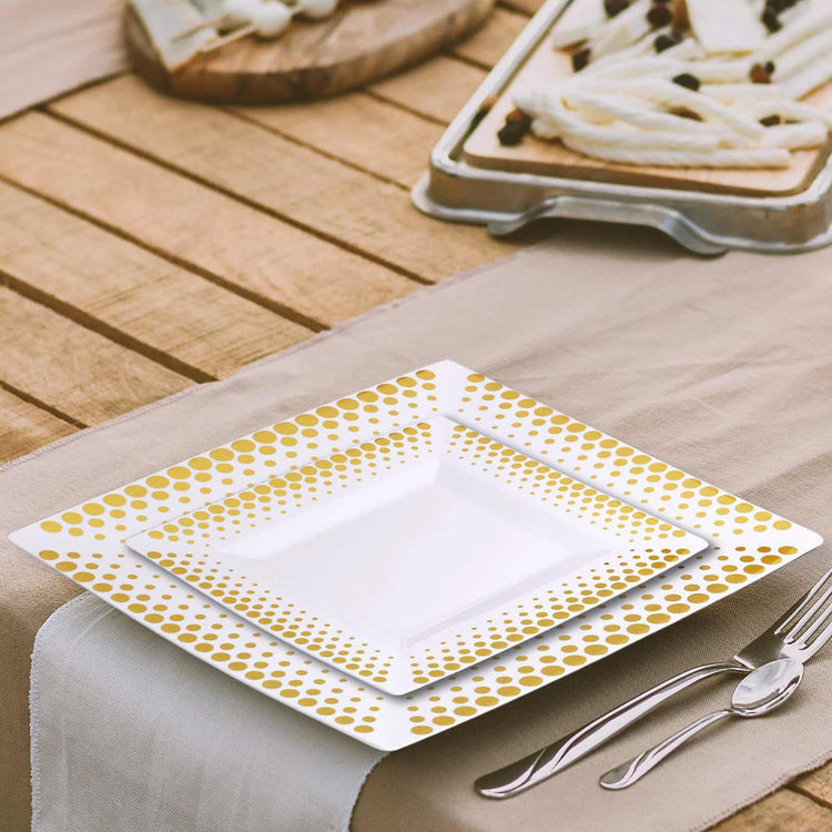 10 Pack | 7inch Gold Polka Dot Rim White Square Plastic Dessert Plates, Disposable Salad Plates