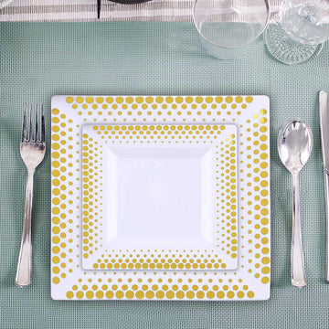 10 Pack Gold Polka Dot Rim White Square Plastic Dessert Plates, Disposable Salad Plates 7"