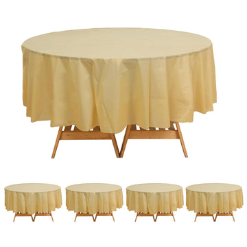 5 Pack Gold Round Plastic Tablecloths, Waterproof Disposable Table Covers - 84"