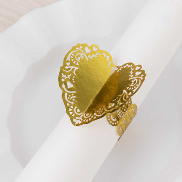 Metallic Gold Lace Pattern 3D Heart Napkin Holders