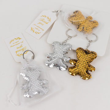 20 Pack Gold Silver Sequin Teddy Bear Keychain Party Favors with White Organza Bags and Thank You Tags - 3"