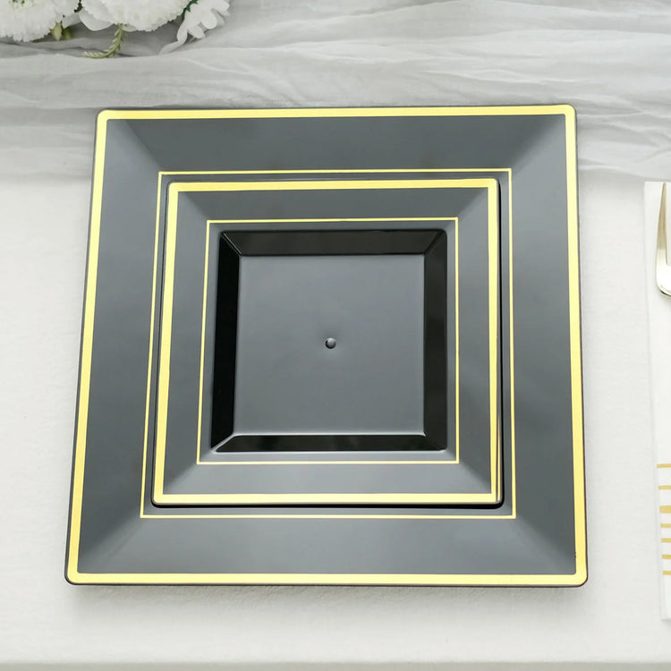 10 Pack of Square Black Plastic Dessert Plates Gold Trim 7 Inch