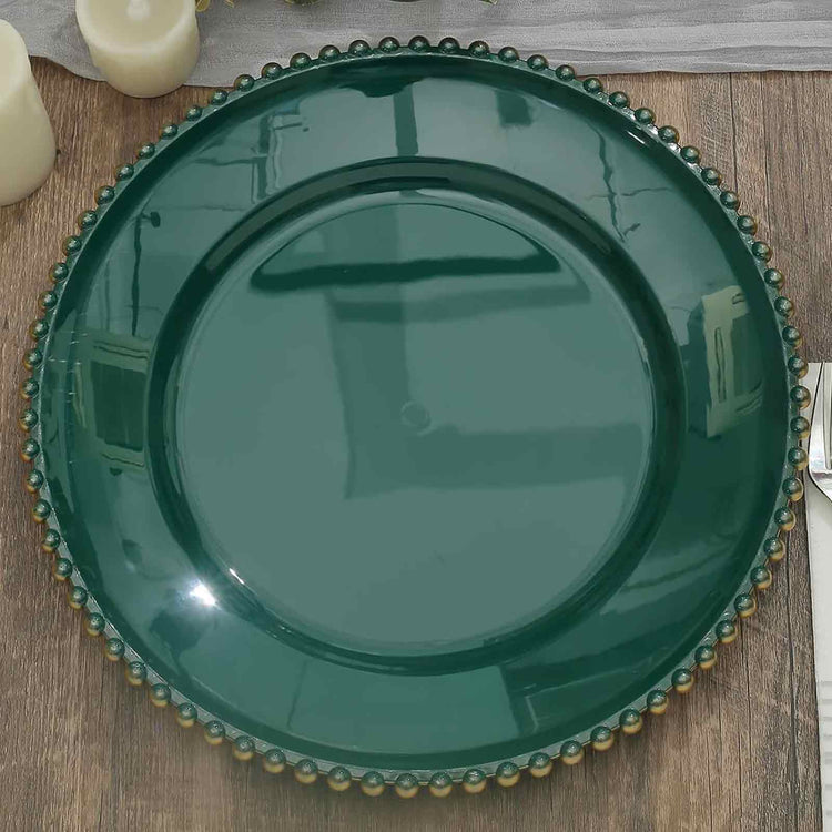 6 Pack Hunter Emerald Green Acrylic Plastic Beaded Rim Charger Plates - 13"