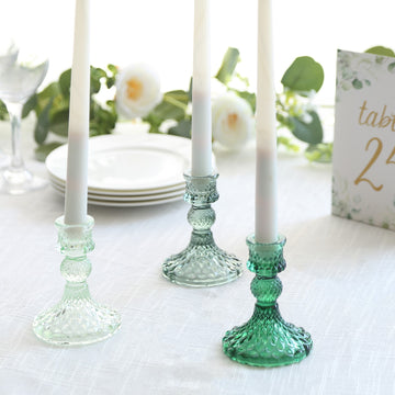 6 Pack Assorted Green Glass Taper Candlestick Holders with Diamond Pattern, Reversible Crystal Pillar Votive Candle Stands - 4"