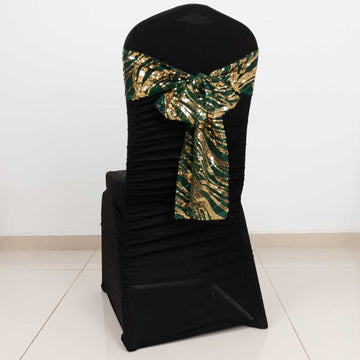 5 Pack Hunter Emerald Green Wave Mesh Chair Sashes With Gold Embroidered Sequins - 6"x88"