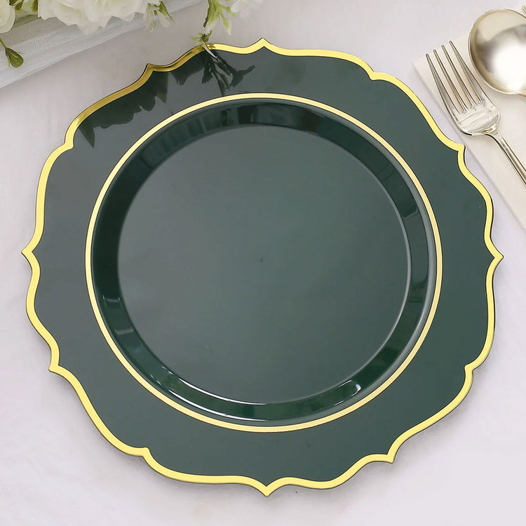 Disposable Hunter Emerald Green Dinner Plates With Gold Rim  10 Inch