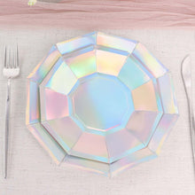 7.5 Inch Iridescent Colored Disposable Geometric Paper Plates with Decagon Rim 25 Pack