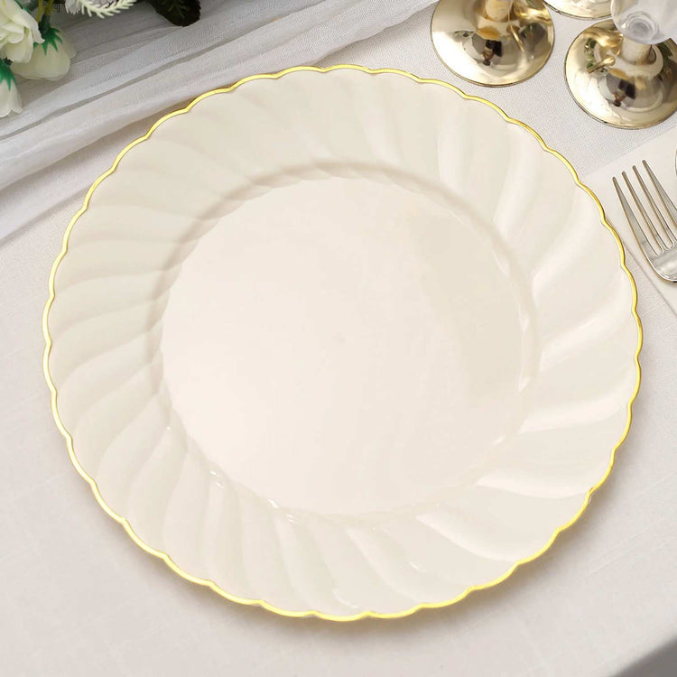 10 Pack | 10inch Ivory / Gold Flair Rim Plastic Dinner Plates, Round Disposable Party Plates