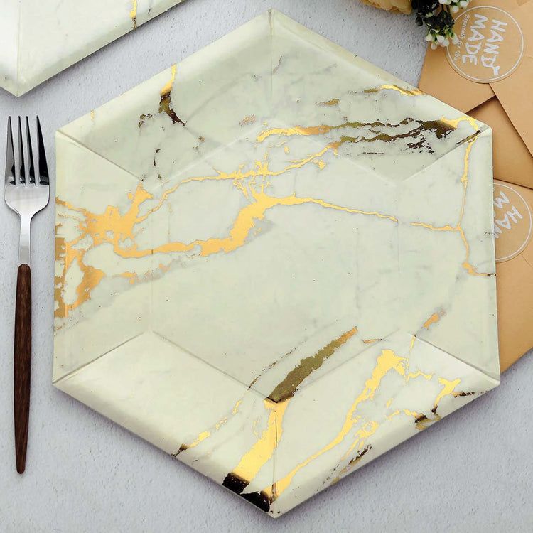 Ivory Marble 12 Inch 25 Pack Dinner Plates with Gold Foil