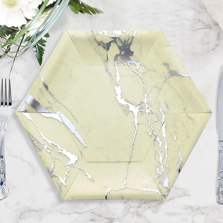 25 Pack Ivory Marble 12 Inch Dinner Plates Silver Foil Geometric Design