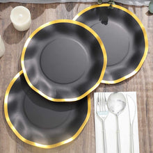25 Pack | 8inch Matte Black / Gold Wavy Rim Paper Dessert Appetizer Plates, Round Salad Party Plates