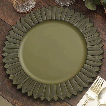 6 Pack Matte Olive Green Sunflower Plastic Dinner Charger Plates, Disposable Round Serving Trays 13"