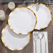 25 Pack | 8inch Matte White / Gold Wavy Rim Paper Dessert Appetizer Plates, Round Salad Party Plates
