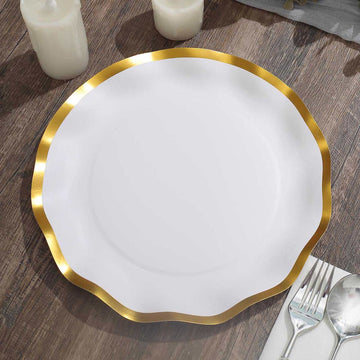 25 Pack Matte White / Gold Wavy Rim Paper Dinner Plates, Disposable Round Party Plates 350 GSM 10"
