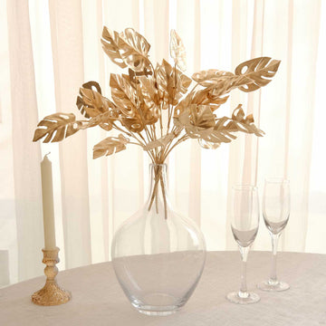 Unleash Exotic Charm with Metallic Gold Artificial Monstera Leaves Bushes