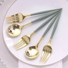 24 Pack Metallic Gold Dusty Sage Premium Plastic Fork Spoon Utensil Set, Modern Heavy