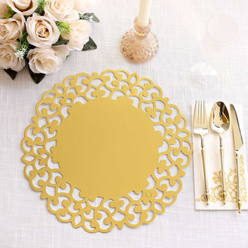 6 Pack Metallic Gold Laser Cut Cardboard Placemats with Floral Rim, 13" Round Disposable Dining Table Mats - 400GSM