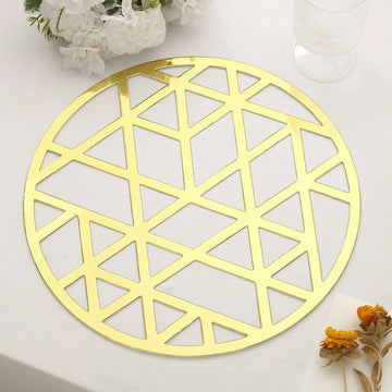 6 Pack Metallic Gold Laser Cut Geometric Triangle Placemats, 13" Round Disposable Cardboard Dining Table Mats - 700 GSM