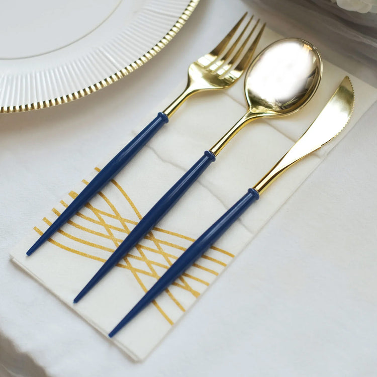 24 Pack of Gold Plastic Cutlery Set with Royal Blue Handle 8 Inch