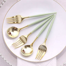 24 Pack Metallic Gold Sage Green Premium Plastic Fork Spoon Utensil Set