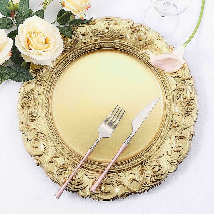 Acrylic Charger Plates - Gold Hard Plastic Round Charger Plates with Baroque Design Rim - 9" and 14"