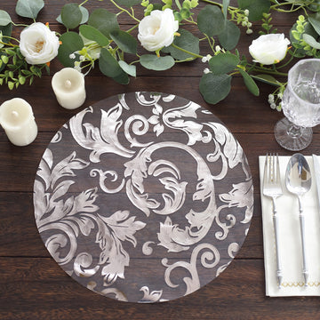 10 Pack Metallic Silver Sheer Organza Round Placemats with Swirl Foil Floral Design, 13" Disposable Dining Table Mats