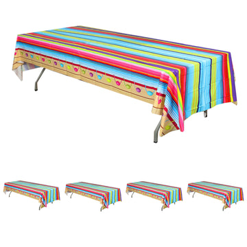 5 Pack Mexican Serape Rectangle Plastic Tablecloths, Fiesta Style Waterproof Disposable Table Covers - Cinco De Mayo Theme Party Supplies - 54"x108"