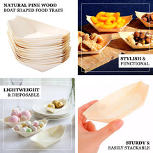 50 Pack Natural Biodegradable Pine Wood Boat Shaped Food Trays, Compostable Wooden Sushi Snacks