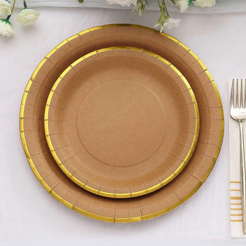 25 Pack Natural Brown Paper Dessert Plates With Gold Lined Rim, Disposable Salad Appetizer Party Plates 8" Round