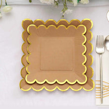 25 Pack | 7 Square Natural Brown Paper Dessert Plates With Gold Scalloped Rim, Party Plates
