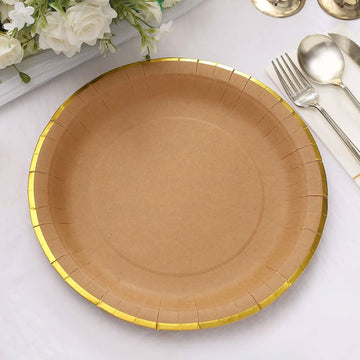 25 Pack Natural Brown Paper Dinner Plates With Gold Lined Rim, Disposable Party Plates 10" Round