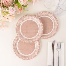 25 Pack Natural Burlap Print Paper Appetizer Dessert Plates with Floral Lace Rim