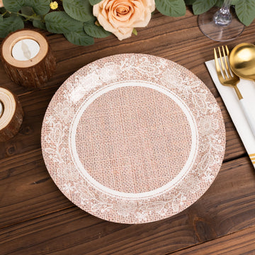 Natural Burlap Print Dinner Paper Plates with White Floral Lace Rim