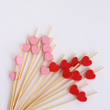 100 Pack Red Pink Biodegradable Bamboo Heart Skewers Cocktail Sticks, Eco Friendly Fruit Appetizer Party Picks - 5"