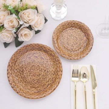 25 Pack Natural Paper Dinner Plates With Woven Rattan Print, 9" Round Rustic Farmhouse Disposable Party Plates - 300 GSM