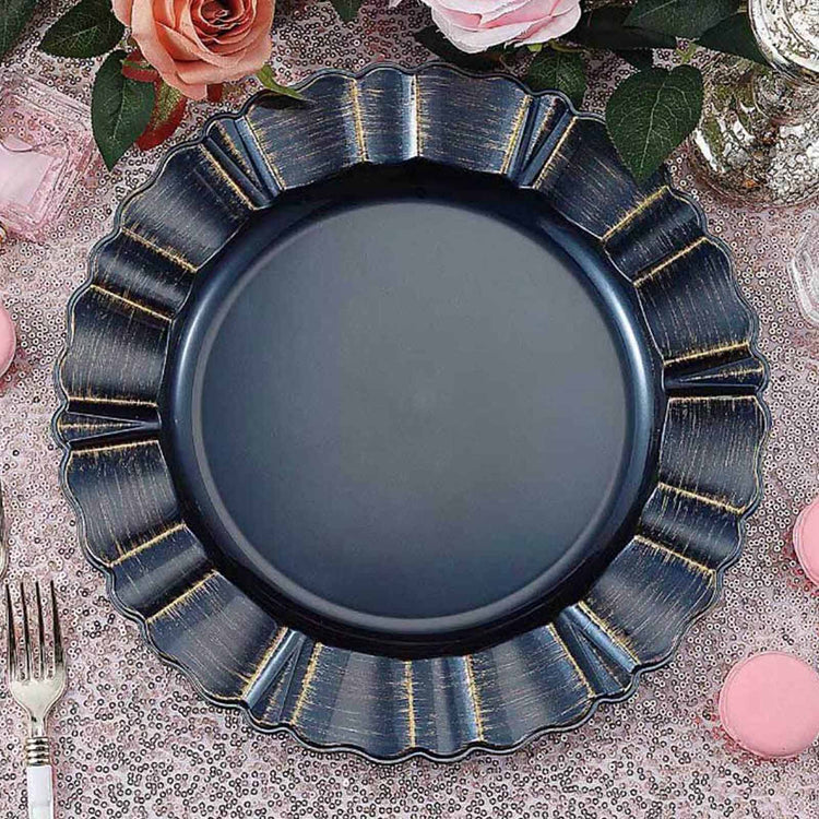 6 Pack Navy Blue Acrylic Plastic Charger Plates With Gold Brushed Wavy Scalloped Rim 13inch Round