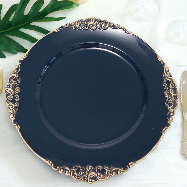 13 Inch Navy Blue Gold Round Charger Plates 6 Pack Embossed Baroque Design Antique Rimmed Edge