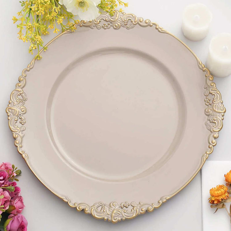 13 Inch Size Nude Taupe Acrylic Charger Plates With Gold Embossed Rim
