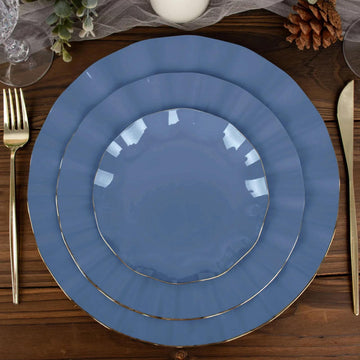 Ocean Blue Hard Plastic Dessert Plates with Gold Ruffled Rim