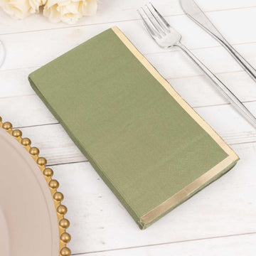 50 Pack Olive Green Soft 2 Ply Dinner Paper Napkins with Gold Foil Edge, Disposable Party Napkins
