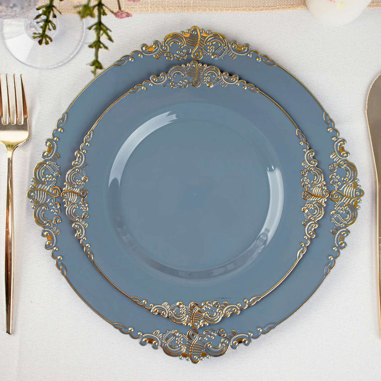 8 Inch Size Vintage Dusty Blue Color Gold Leaf Embossed Rim Salad Plates