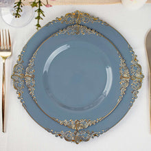 Vintage Dusty Blue Salad Plastic Plates With Gold Leaf Embossed Rim In 8 Inch Size Wide