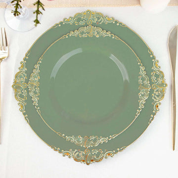 10 Pack Plastic Dessert Salad Plates In Vintage Dusty Sage Green, Gold Leaf Embossed Baroque Disposable Plates 8" Round