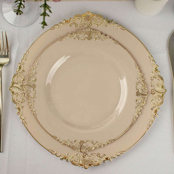 10 Pack Plastic Dessert Salad Plates In Vintage Taupe, Gold Leaf Embossed Baroque Disposable Plates 8" Round