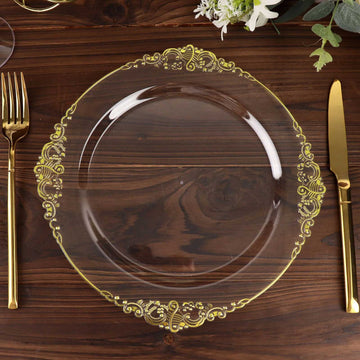 10 Pack Plastic Dinner Plates in Vintage Clear, Gold Leaf Embossed Baroque Disposable Plates 10" Round