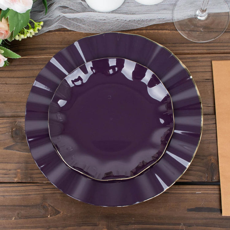 Purple Hard Plastic Dessert Plates With Gold Ruffled Rim 6 Inch