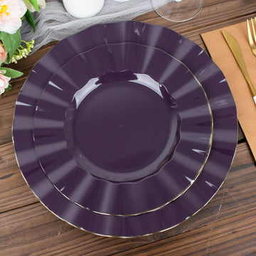 10 Pack Purple Hard Plastic Dinner Plates with Gold Ruffled Rim, Heavy Duty Disposable Dinnerware 9"