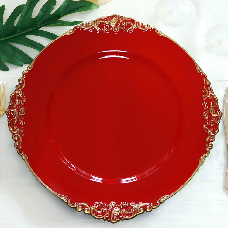 13 Inch Red Gold Round Charger Plates 6 Pack Embossed Baroque Design Antique Rimmed Edge